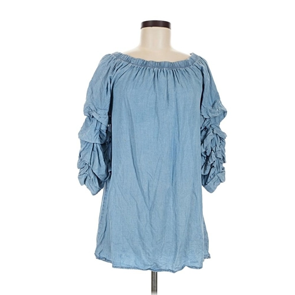 Love Chesley Womens Chambray Tunic Top Light Wash Blue Ruffle Sleeve Size M